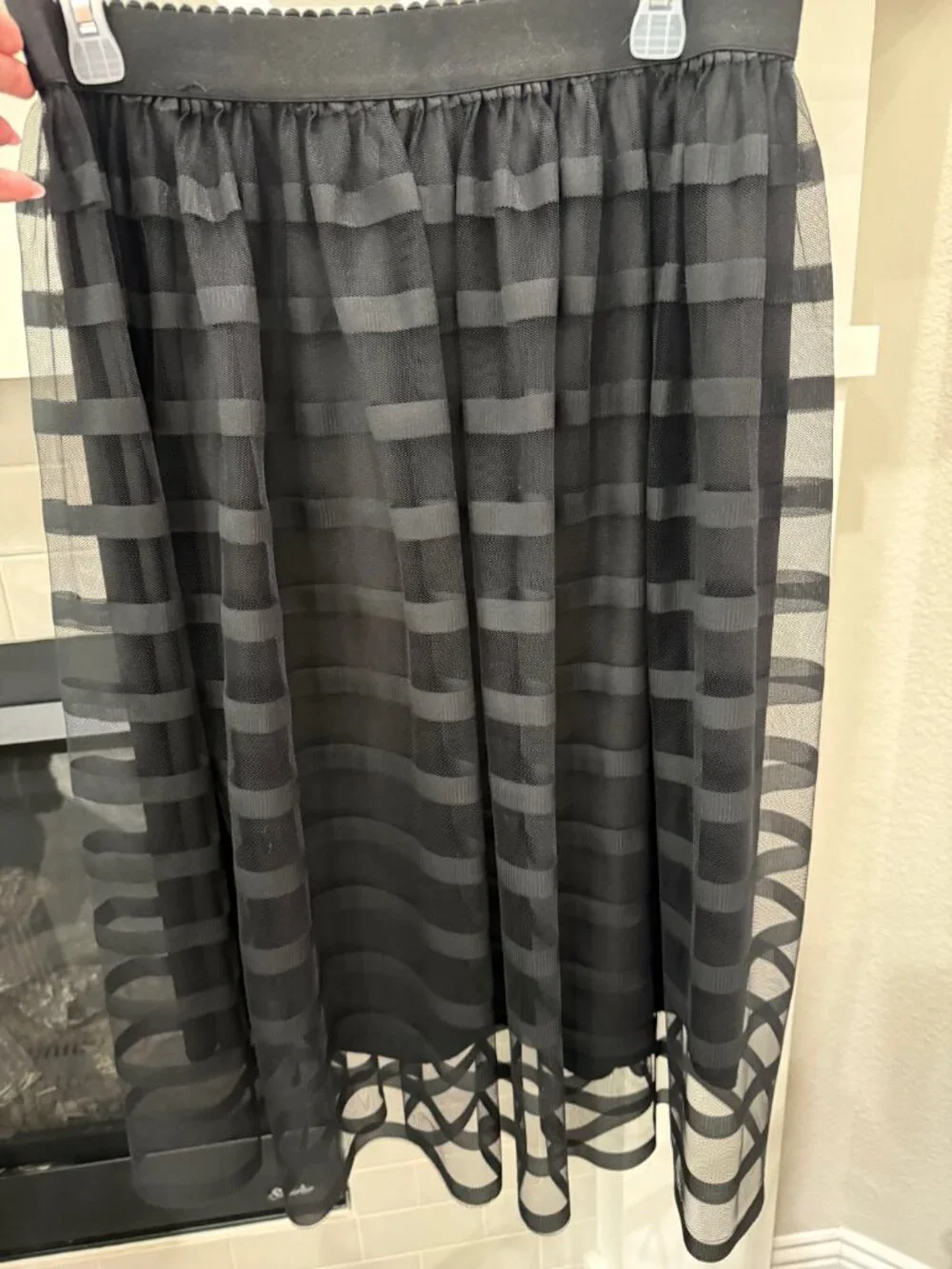 MettaLavor Black Sheer Striped Tulle Midi Skirt